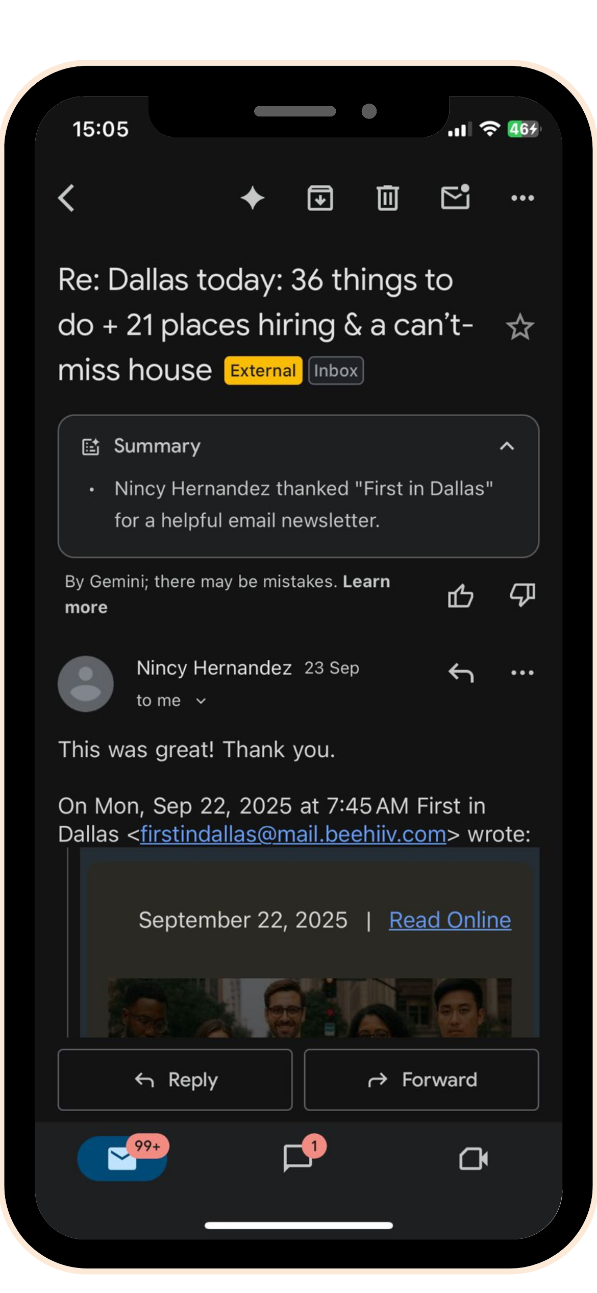 Reader email praising the newsletter