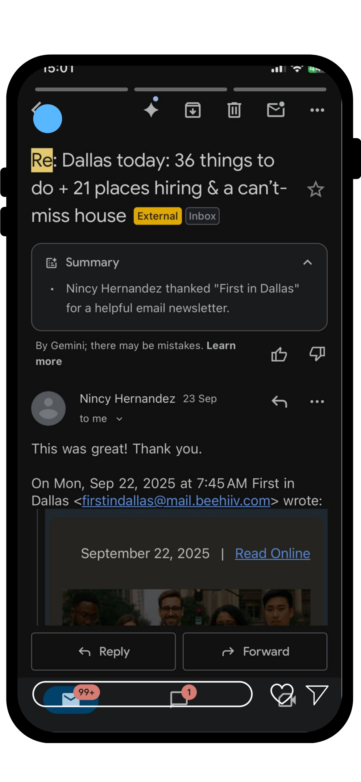 Reader testimonial screenshot